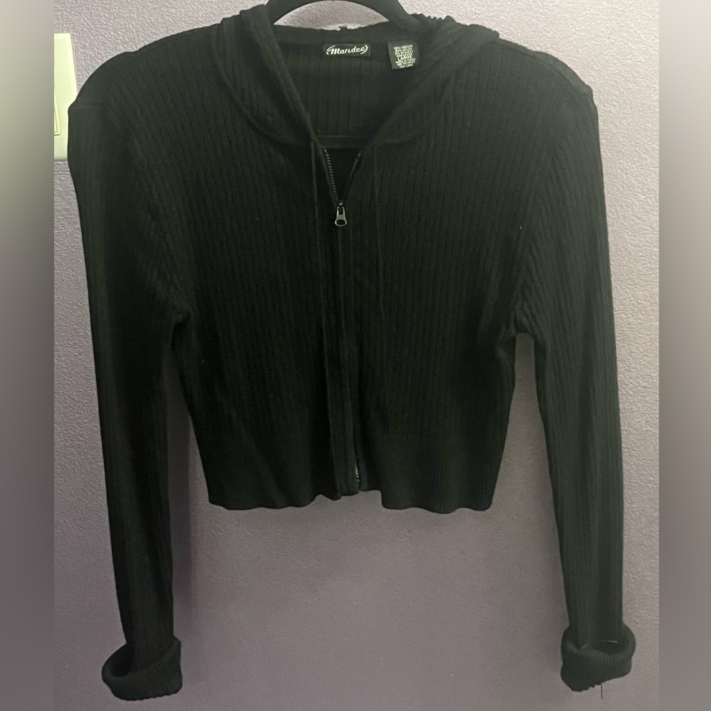 Mandee Black vintage Y2K hoodie ribbed long sleeve cropped crop sweater jacket